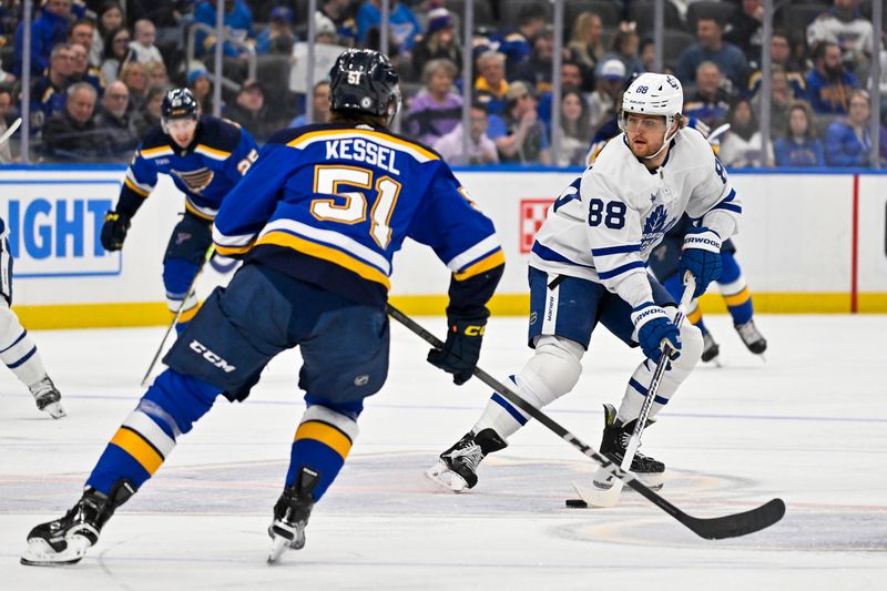 Feb 19, 2024; St. Louis, Missouri, USA;  Toronto Maple Leafs right wing William Nylander (88) controls the puck against the St. Louis Blues during the first period at Enterprise Center. Mandatory Credit: Jeff Curry-USA TODAY Sports