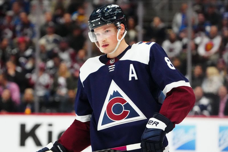 Dec 7, 2023; Denver, Colorado, USA; Colorado Avalanche defenseman Cale Makar (8) during the second period against the Winnipeg Jets at Ball Arena. Mandatory Credit: Ron Chenoy-USA TODAY Sports