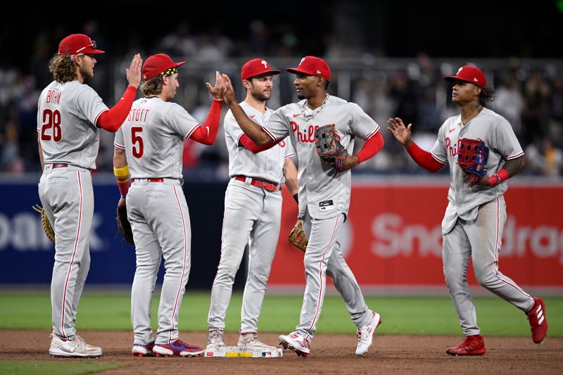 Sep 4, 2023; San Diego, California, USA; Philadelphia Phillies players celebrate after defeating the San Diego Padres at Petco Park. Mandatory Credit: Orlando Ramirez-USA TODAY Sports