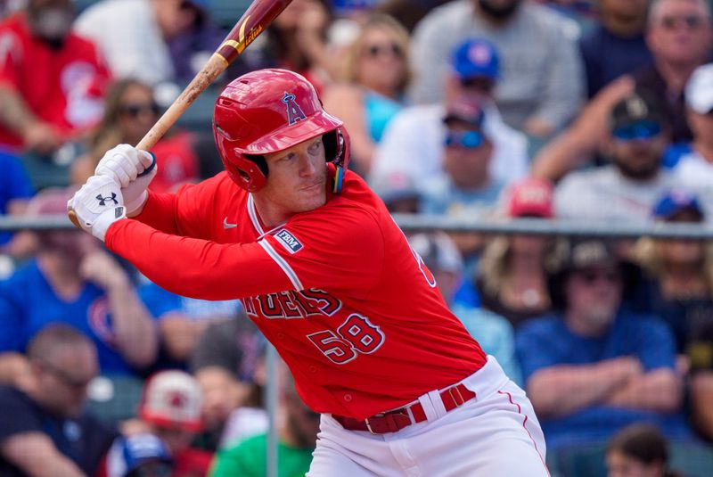 Mar 16, 2024; Tempe, Arizona, USA; Los Angeles Angels infielder Eric Wagaman (58) at bat in the eighth during a spring training game against the Chicago Cubs at Tempe Diablo Stadium. Mandatory Credit: Allan Henry-USA TODAY Sports