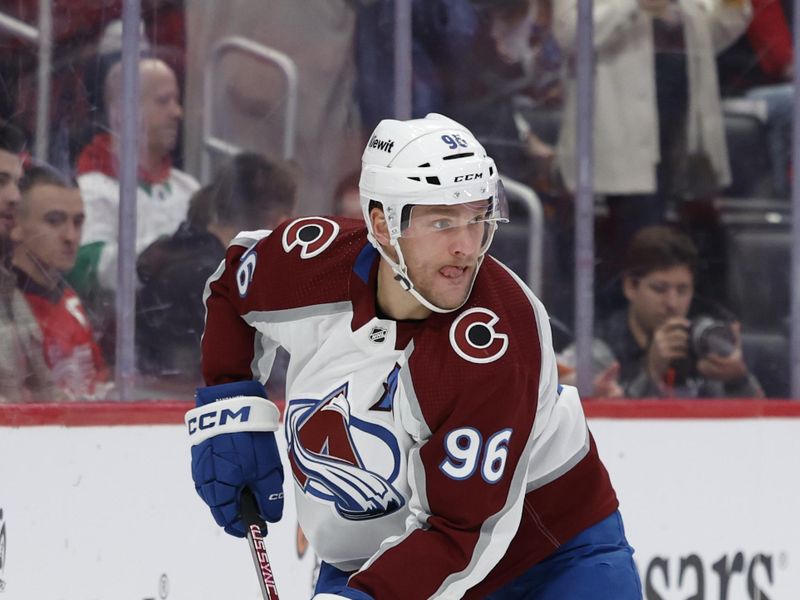 Feb 22, 2024; Detroit, Michigan, USA; Colorado Avalanche right wing Mikko Rantanen (96) skates with the puck in the first period against the Detroit Red Wings at Little Caesars Arena. Mandatory Credit: Rick Osentoski-USA TODAY Sports