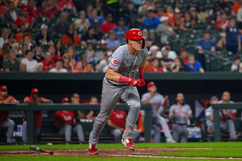 Jun 28, 2023; Baltimore, Maryland, USA; Cincinnati Reds catcher Tyler Stephenson (37) runs to first base after hitting a single during the ninth inning against the Baltimore Orioles at Oriole Park at Camden Yards. Mandatory Credit: Reggie Hildred-USA TODAY Sports