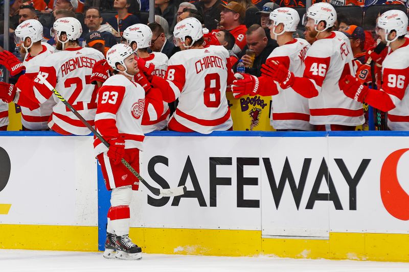 Feb 13, 2024; Edmonton, Alberta, CAN; The Detroit Red Wings celebrate a goal scored by  forward Alex DeBeincat (93) during the first period against the Edmonton Oilers at Rogers Place. Mandatory Credit: Perry Nelson-USA TODAY Sports