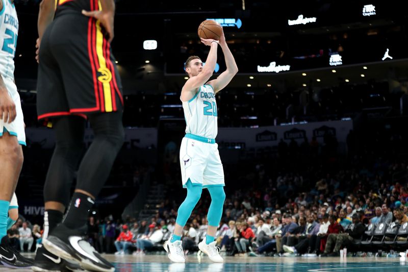 CHARLOTTE, NORTH CAROLINA - FEBRUARY 13: Gordon Hayward #20 of the Charlotte Hornets shoots a free throw during the second period of a basketball game against the Atlanta Hawks at Spectrum Center on February 13, 2023 in Charlotte, North Carolina. NOTE TO USER: User expressly acknowledges and agrees that, by downloading and or using this photograph, User is consenting to the terms and conditions of the Getty Images License Agreement. (Photo by David Jensen/Getty Images)