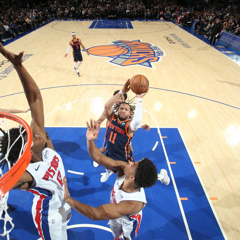 NEW YORK, NY - FEBRUARY 26: Jalen Brunson #11 of the New York Knicks drives to the basket during the game against the Detroit Pistons on February 26, 2024 at Madison Square Garden in New York City, New York.  NOTE TO USER: User expressly acknowledges and agrees that, by downloading and or using this photograph, User is consenting to the terms and conditions of the Getty Images License Agreement. Mandatory Copyright Notice: Copyright 2024 NBAE  (Photo by Nathaniel S. Butler/NBAE via Getty Images)