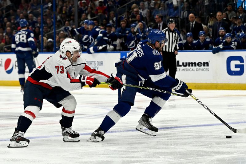 Mar 30, 2023; Tampa, Florida, USA; Tampa Bay Lightning center Steven Stamkos (91) controls the puck in the first period against the Washington Capitals at Amalie Arena. Mandatory Credit: Jonathan Dyer-USA TODAY Sports