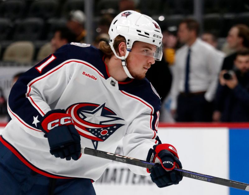 Oct 4, 2024; Pittsburgh, Pennsylvania, USA;  Columbus Blue Jackets defenseman Stanislav Svozil (81) warms up before playing the Pittsburgh Penguins at PPG Paints Arena. Mandatory Credit: Charles LeClaire-Imagn Images