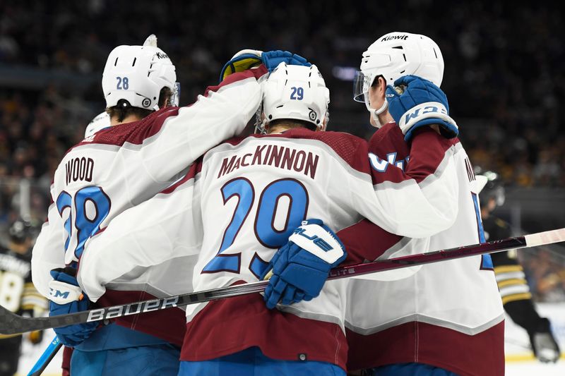 Jan 18, 2024; Boston, Massachusetts, USA; Colorado Avalanche center Nathan MacKinnon (29) celebrates his goal with his teammates during the second period against the Boston Bruins at TD Garden. Mandatory Credit: Bob DeChiara-USA TODAY Sports