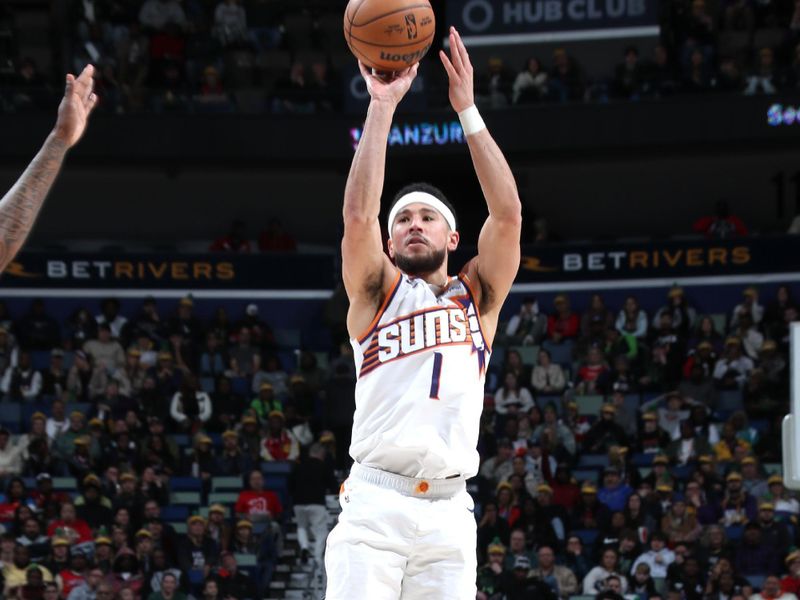 NEW ORLEANS, LA - JANUARY 19: Devin Booker #1 of the Phoenix Suns shoots the ball during the game against the New Orleans Pelicans on January 19, 2024 at the Smoothie King Center in New Orleans, Louisiana. NOTE TO USER: User expressly acknowledges and agrees that, by downloading and or using this Photograph, user is consenting to the terms and conditions of the Getty Images License Agreement. Mandatory Copyright Notice: Copyright 2024 NBAE (Photo by Layne Murdoch Jr./NBAE via Getty Images)