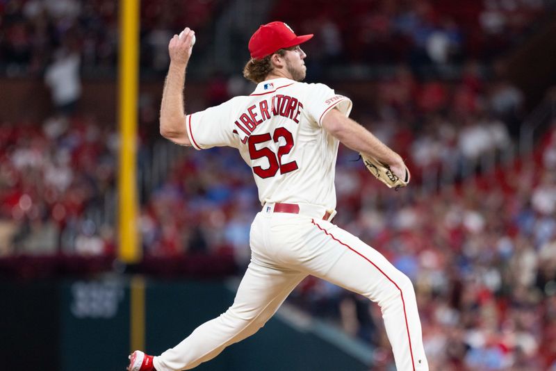 Sep 30, 2023; St. Louis, Missouri, USA; St. Louis Cardinals starting pitcher Matthew Liberatore (52) enters the game against the Cincinnati Reds in the seventh inning at Busch Stadium. Mandatory Credit: Zach Dalin-USA TODAY Sports