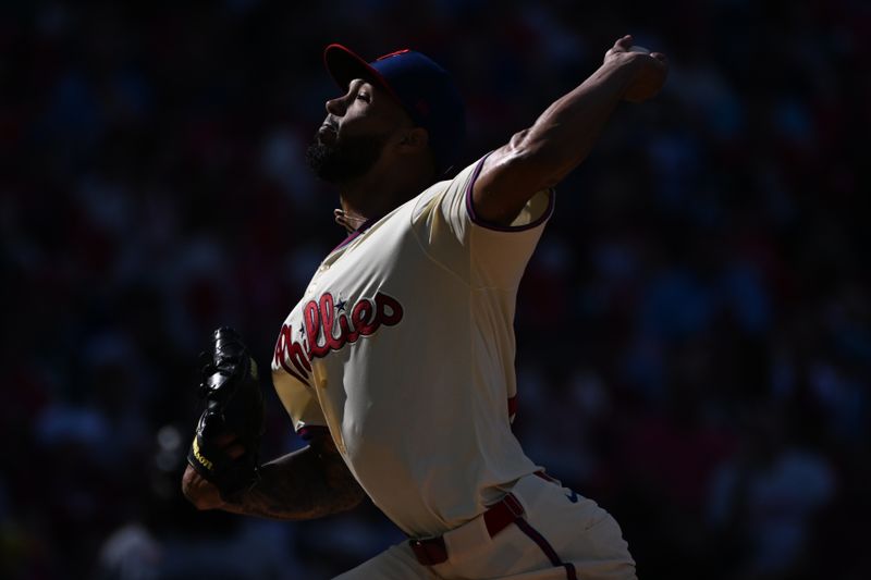 Sep 28, 2025; Philadelphia, Pennsylvania, USA; Philadelphia Phillies pitcher Cristopher Sánchez (61) throws a pitch during the second inning against the Minnesota Twins at Citizens Bank Park. Mandatory Credit: Eric Hartline-Imagn Images