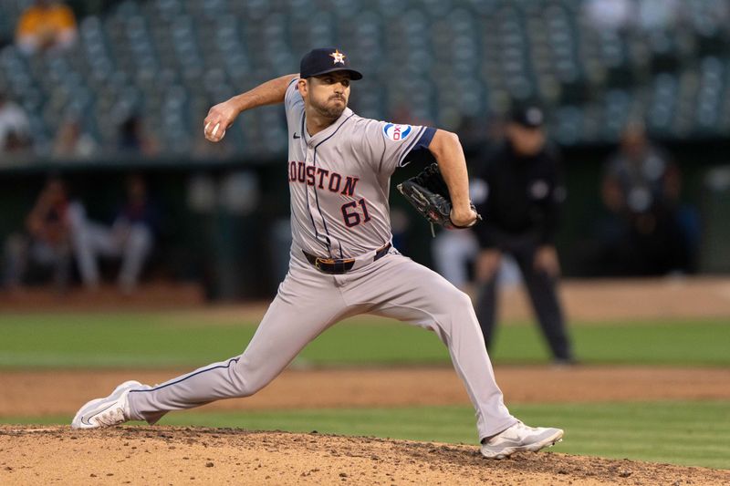 Jul 23, 2024; Oakland, California, USA;  Houston Astros pitcher Seth Martinez (61) pitches during the sixth inning against the Oakland Athletics at Oakland-Alameda County Coliseum. Mandatory Credit: Stan Szeto-USA TODAY Sports