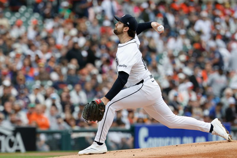 Apr 19, 2025; Detroit, Michigan, USA;  Detroit Tigers pitcher Casey Mize (12) pitches in the first inning against the Kansas City Royals at Comerica Park. Mandatory Credit: Rick Osentoski-Imagn Images