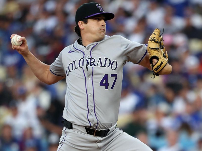 Jun 1, 2024; Los Angeles, California, USA;  Colorado Rockies starting pitcher Cal Quantrill (47) pitches during the second inning against the Los Angeles Dodgers at Dodger Stadium. Mandatory Credit: Kiyoshi Mio-USA TODAY Sports