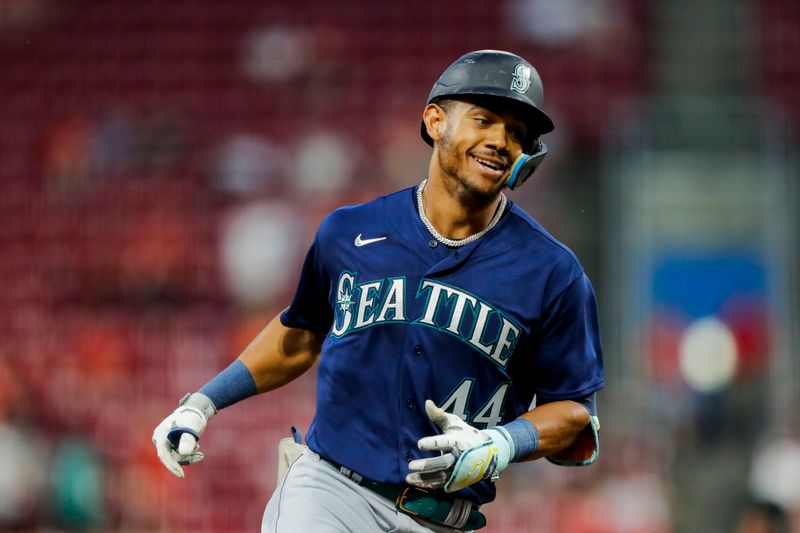 Sep 5, 2023; Cincinnati, Ohio, USA; Seattle Mariners center fielder Julio Rodriguez (44) runs the bases after hitting a three-run home run in the fifth inning against the Cincinnati Reds at Great American Ball Park. Mandatory Credit: Katie Stratman-USA TODAY Sports