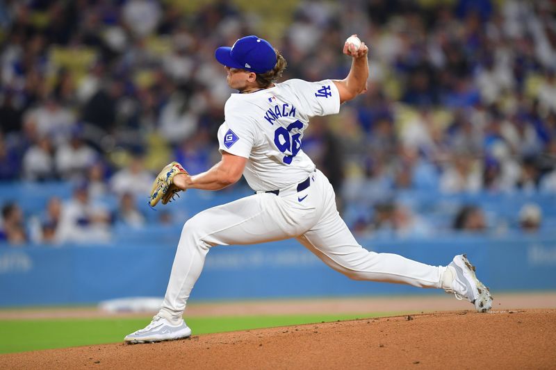 Sep 24, 2024; Los Angeles, California, USA; Los Angeles Dodgers pitcher Landon Knack (96) throws against the San Diego Padres during the first inning at Dodger Stadium. Mandatory Credit: Gary A. Vasquez-Imagn Images