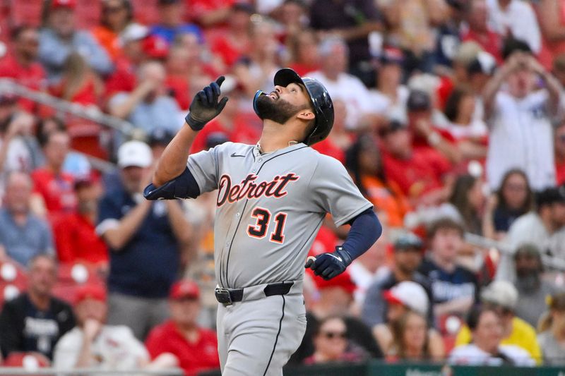 May 20, 2025; St. Louis, Missouri, USA;  Detroit Tigers designated hitter Riley Greene (31) reacts after hitting two run home run against the St. Louis Cardinals during the third inning at Busch Stadium. Mandatory Credit: Jeff Curry-Imagn Images