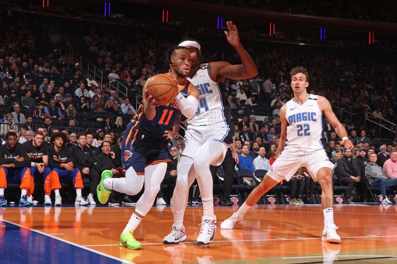 NEW YORK, NY - DECEMBER 3: Jalen Brunson #11 of the New York Knicks drives to the basket during the game against the Orlando Magic during the Emirates NBA Cup on December 3, 2024 at Madison Square Garden in New York City, New York.  NOTE TO USER: User expressly acknowledges and agrees that, by downloading and or using this photograph, User is consenting to the terms and conditions of the Getty Images License Agreement. Mandatory Copyright Notice: Copyright 2024 NBAE  (Photo by Nathaniel S. Butler/NBAE via Getty Images)