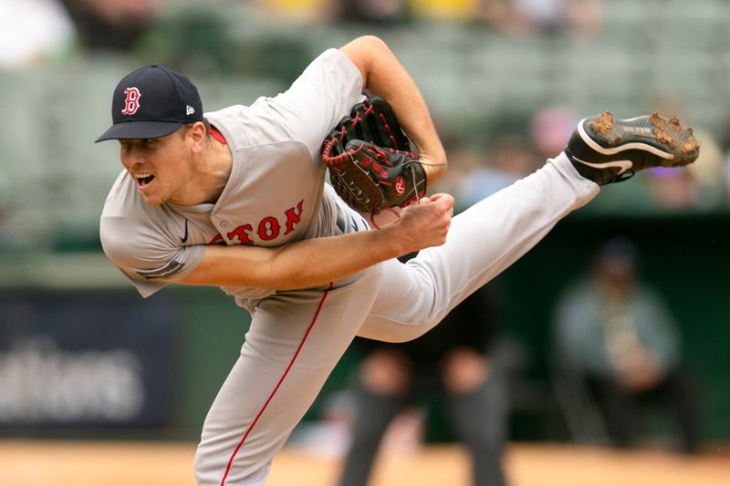 Apr 3, 2024; Oakland, California, USA; Boston Red Sox starting pitcher Nick Pivetta (37) delivers a pitch against the Oakland Athletics during the second inning at Oakland-Alameda County Coliseum. Mandatory Credit: D. Ross Cameron-USA TODAY Sports