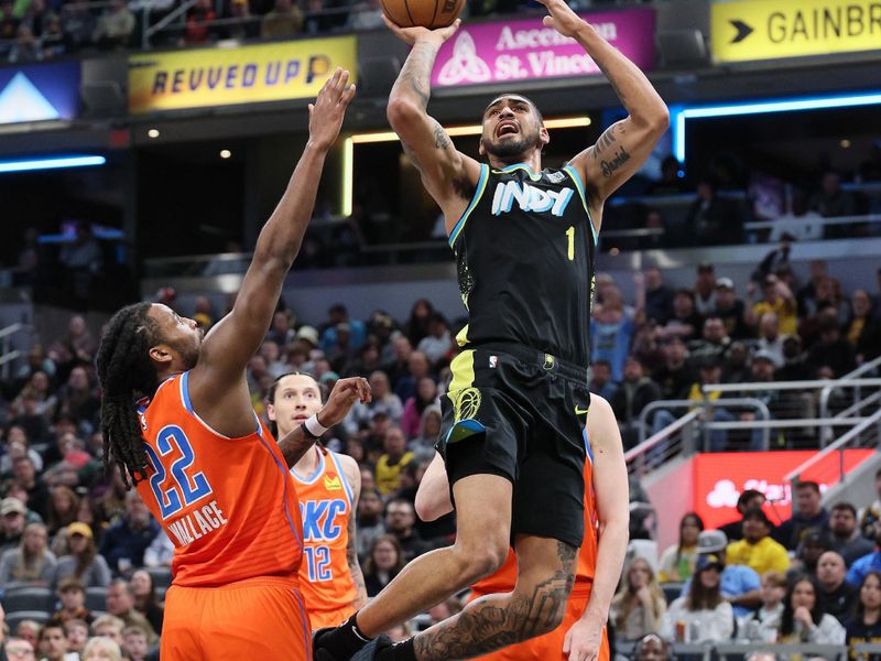 INDIANAPOLIS, INDIANA - APRIL 05: Obi Toppin #1 of the Indiana Pacers dunks the ball against the Oklahoma City Thunder in the second half at Gainbridge Fieldhouse on April 05, 2024 in Indianapolis, Indiana.    NOTE TO USER: User expressly acknowledges and agrees that, by downloading and or using this photograph, User is consenting to the terms and conditions of the Getty Images License Agreement.  (Photo by Andy Lyons/Getty Images)