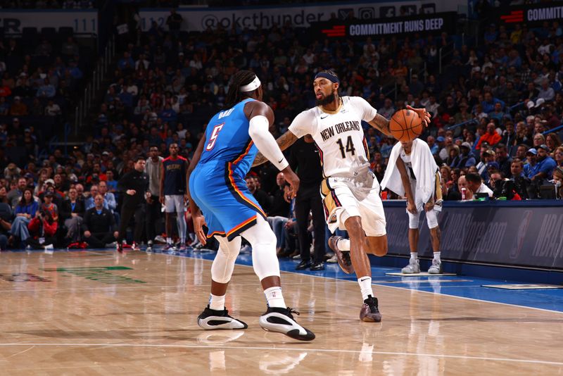 OKLAHOMA CITY, OK - NOVEMBER 13:  Brandon Ingram #14 of the New Orleans Pelicans dribbles the ball during the game against the Oklahoma City Thunder on November 13, 2024 at Paycom Center in Oklahoma City, Oklahoma. NOTE TO USER: User expressly acknowledges and agrees that, by downloading and or using this photograph, User is consenting to the terms and conditions of the Getty Images License Agreement. Mandatory Copyright Notice: Copyright 2024 NBAE (Photo by Zach Beeker/NBAE via Getty Images)