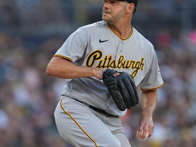 Jul 25, 2023; San Diego, California, USA; Pittsburgh Pirates starting pitcher Rich Hill (44) throws a pitch against the San Diego Padres during the first inning at Petco Park. Mandatory Credit: Ray Acevedo-USA TODAY Sports