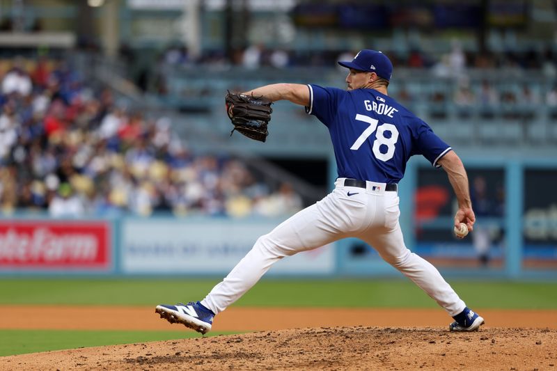 Mar 24, 2024; Los Angeles, California, USA;  Los Angeles Dodgers starting pitcher Michael Grove (78) pitches during the fifth inning against the Los Angeles Angels at Dodger Stadium. Mandatory Credit: Kiyoshi Mio-USA TODAY Sports
