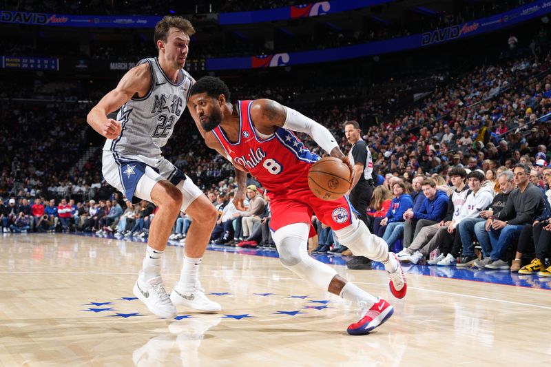 PHILADELPHIA, PA - DECEMBER 6: Paul George #8 of the Philadelphia 76ers dribbles the ball during the game against the Orlando Magic on December 6, 2024 at the Wells Fargo Center in Philadelphia, Pennsylvania NOTE TO USER: User expressly acknowledges and agrees that, by downloading and/or using this Photograph, user is consenting to the terms and conditions of the Getty Images License Agreement. Mandatory Copyright Notice: Copyright 2024 NBAE (Photo by Jesse D. Garrabrant/NBAE via Getty Images)