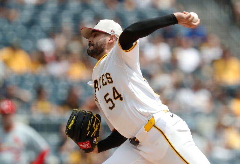 Jul 4, 2024; Pittsburgh, Pennsylvania, USA; Pittsburgh Pirates starting pitcher Martín Pérez (54) delivers a pitch against the St. Louis Cardinals during the first inning at PNC Park. Mandatory Credit: Charles LeClaire-USA TODAY Sports