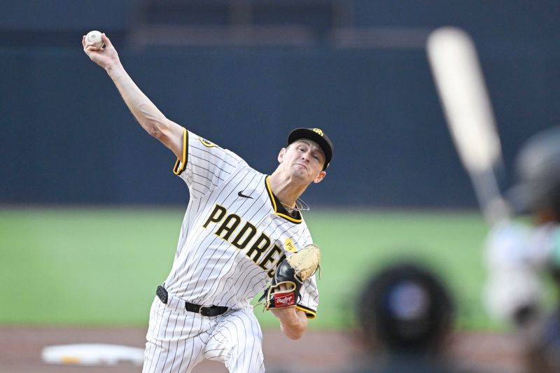 Jun 9, 2024; San Diego, California, USA; San Diego Padres starting pitcher Adam Mazur (36) pitches during the first inning against the Seattle Mariners at Petco Park. Mandatory Credit: Denis Poroy-USA TODAY Sports at Petco Park. 