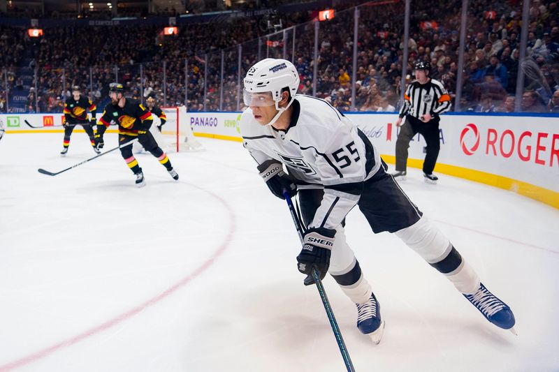 Feb 29, 2024; Vancouver, British Columbia, CAN; Los Angeles Kings forward Quinton Byfield (55) skates against the Vancouver Canucks in the second period at Rogers Arena. Mandatory Credit: Bob Frid-USA TODAY Sports