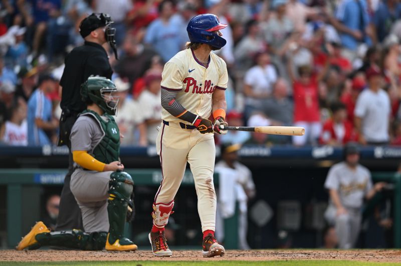 Jul 13, 2024; Philadelphia, Pennsylvania, USA; Philadelphia Phillies first baseman Bryce Harper (3) hits a home run against the Oakland Athletics in the seventh inning at Citizens Bank Park. Mandatory Credit: Kyle Ross-USA TODAY Sports