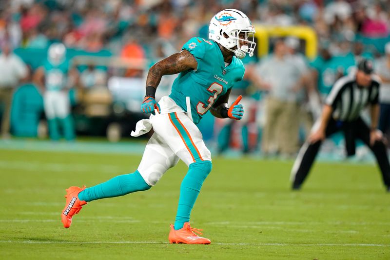 Miami Dolphins wide receiver Lynn Bowden Jr. (3) runs on the field during the second half of a NFL preseason football game against the Las Vegas Raiders, Saturday, August 20, 2022, in Miami Gardens, Fla. (AP Photo/Wilfredo Lee)