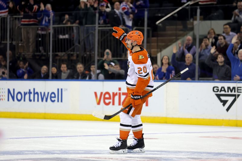 Dec 15, 2025; New York, New York, USA; Anaheim Ducks left wing Chris Kreider (20) acknowledges the crowd after being honored during the first period against the New York Rangers at Madison Square Garden. Mandatory Credit: Brad Penner-Imagn Images