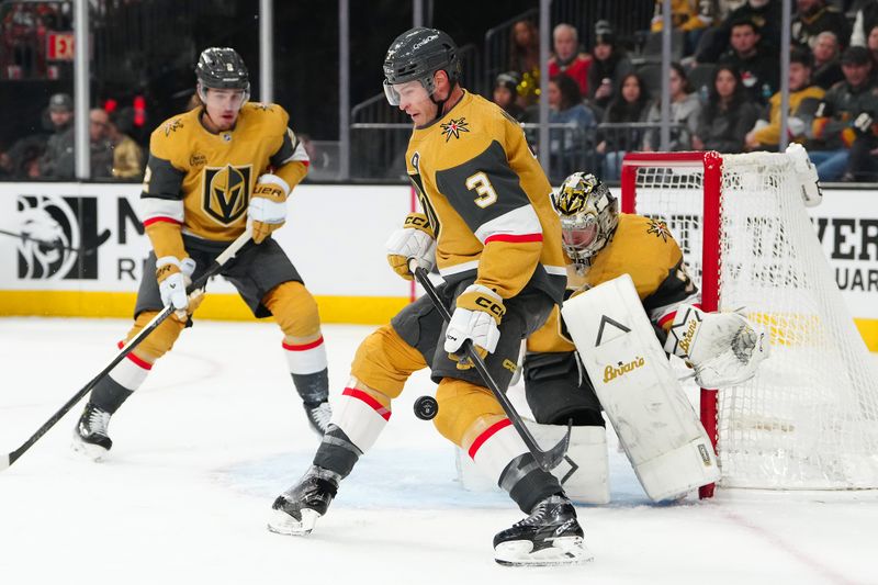 Dec 29, 2025; Las Vegas, Nevada, USA; Vegas Golden Knights defenseman Brayden McNabb (3) blocks a Minnesota Wild shot during the first period at T-Mobile Arena. Mandatory Credit: Stephen R. Sylvanie-Imagn Images