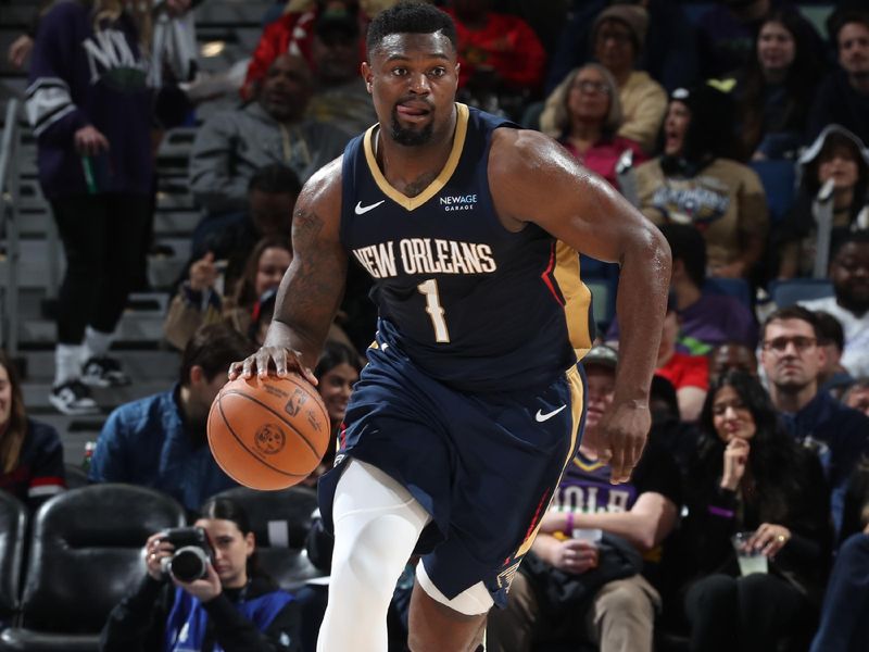 NEW ORLEANS, LA - JANUARY 17:  Zion Williamson #1 of the New Orleans Pelicans dribbles the ball during the game against the Utah Jazz on January 17, 2025 at the Smoothie King Center in New Orleans, Louisiana. NOTE TO USER: User expressly acknowledges and agrees that, by downloading and or using this Photograph, user is consenting to the terms and conditions of the Getty Images License Agreement. Mandatory Copyright Notice: Copyright 2025 NBAE (Photo by Layne Murdoch Jr./NBAE via Getty Images)