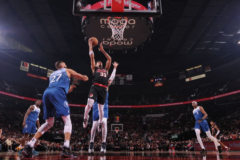 PORTLAND, OR - FEBRUARY 15: Toumani Camara #33 of the Portland Trail Blazers drives to the basket during the game against the Minnesota Timberwolves on February 15, 2024 at the Moda Center Arena in Portland, Oregon. NOTE TO USER: User expressly acknowledges and agrees that, by downloading and or using this photograph, user is consenting to the terms and conditions of the Getty Images License Agreement. Mandatory Copyright Notice: Copyright 2024 NBAE (Photo by Cameron Browne/NBAE via Getty Images)