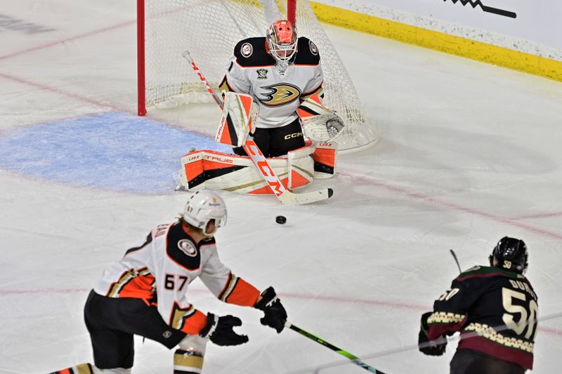 Oct 21, 2023; Tempe, Arizona, USA;  Anaheim Ducks goaltender Lukas Dostal (1) makes a save against Arizona Coyotes defenseman Sean Durzi (50) as Anaheim defenseman Tristan Luneau (67) assists in the third period at Mullett Arena. Mandatory Credit: Matt Kartozian-USA TODAY Sports