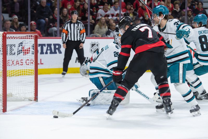 Jan 13, 2024; Ottawa, Ontario, CAN; Ottawa Senators left wing Brady Tkachuk (7) is unable to capitalize on a loose puck against the San Jose Sharks in the first period at the Canadian Tire Centre. Mandatory Credit: Marc DesRosiers-USA TODAY Sports