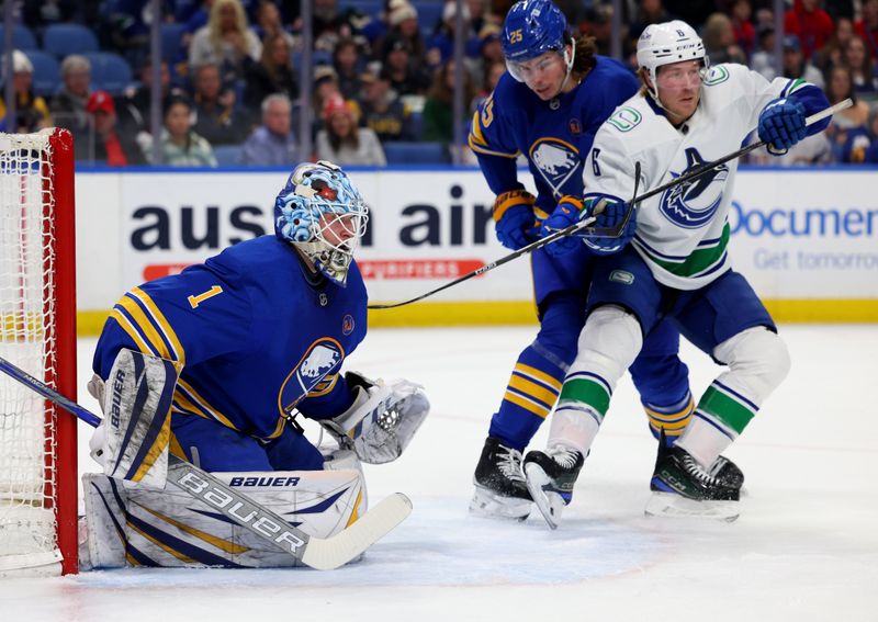 Jan 13, 2024; Buffalo, New York, USA;  Buffalo Sabres goaltender Ukko-Pekka Luukkonen (1) looks for the puck during the first period against the Vancouver Canucks at KeyBank Center. Mandatory Credit: Timothy T. Ludwig-USA TODAY Sports