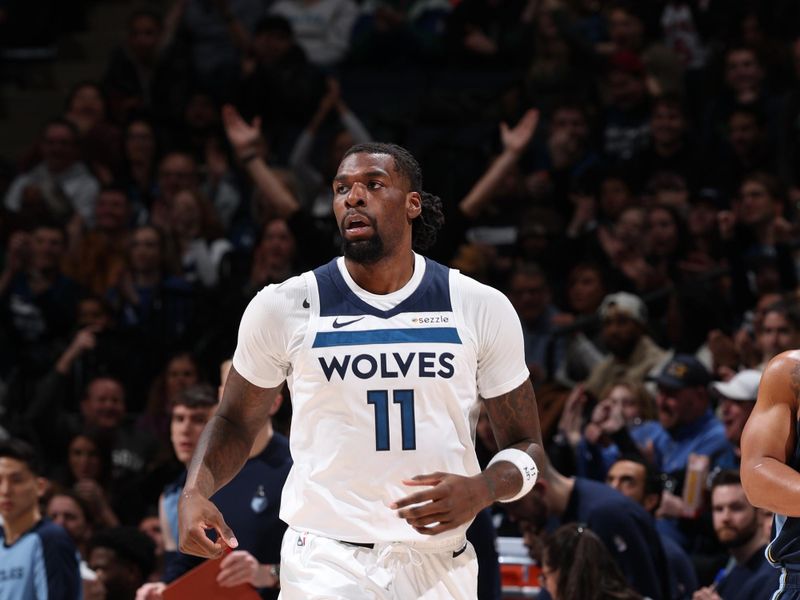 MINNEAPOLIS, MN -  JANUARY 11: Naz Reid #11 of the Minnesota Timberwolves looks on during the game against the Memphis Grizzlies on January 11, 2025 at Target Center in Minneapolis, Minnesota. NOTE TO USER: User expressly acknowledges and agrees that, by downloading and or using this Photograph, user is consenting to the terms and conditions of the Getty Images License Agreement. Mandatory Copyright Notice: Copyright 2025 NBAE (Photo by David Sherman/NBAE via Getty Images)