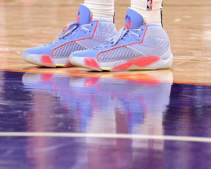 PHOENIX, AZ - FEBRUARY 8:  The sneakers worn by Talen Horton-Tucker #5 of the Utah Jazz on February 8, 2024 at Footprint Center in Phoenix, Arizona. NOTE TO USER: User expressly acknowledges and agrees that, by downloading and or using this photograph, user is consenting to the terms and conditions of the Getty Images License Agreement. Mandatory Copyright Notice: Copyright 2024 NBAE (Photo by Kate Frese/NBAE via Getty Images)