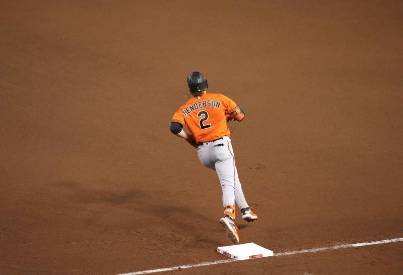 Sep 2, 2023; Phoenix, Arizona, USA; Baltimore Orioles shortstop baseman Gunnar Henderson (2) against the Arizona Diamondbacks at Chase Field. Mandatory Credit: Joe Camporeale-USA TODAY Sports