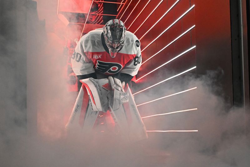 Jan 6, 2026; Philadelphia, Pennsylvania, USA; Philadelphia Flyers goaltender Dan Vladar (80) inside the tunnel before warmups against the Anaheim Ducks at Xfinity Mobile Arena. Mandatory Credit: Eric Hartline-Imagn Images