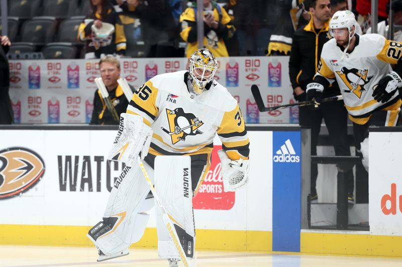 Nov 7, 2023; Anaheim, California, USA; Pittsburgh Penguins goaltender Tristan Jarry (35) comes out to the ice to warms up before the game against the Anaheim Ducks at Honda Center. Mandatory Credit: Kiyoshi Mio-USA TODAY Sports