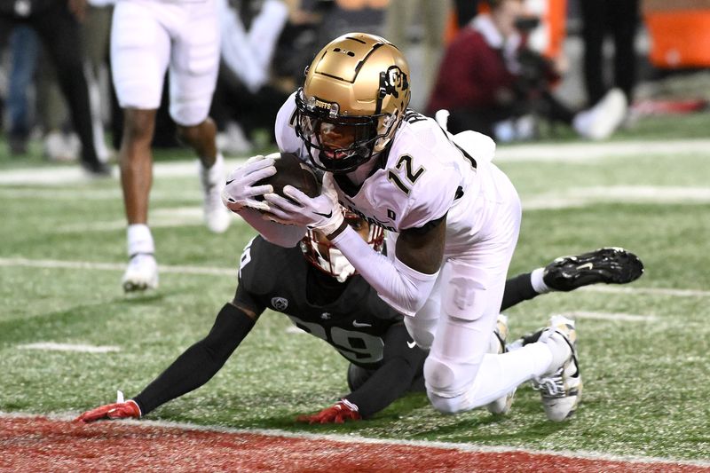 Nov 17, 2023; Pullman, Washington, USA; Colorado Buffaloes wide receiver Travis Hunter (12) dives in for a touchdown against Washington State Cougars defensive back Jamorri Colson (29) in the first half at Gesa Field at Martin Stadium. Mandatory Credit: James Snook-USA TODAY Sports