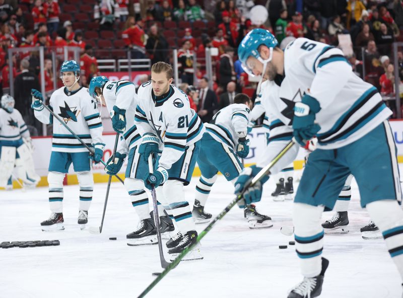 Feb 2, 2026; Chicago, Illinois, USA; San Jose Sharks center Alexander Wennberg (21) warms up before a game against the Chicago Blackhawks at United Center. Mandatory Credit: Talia Sprague-Imagn Images