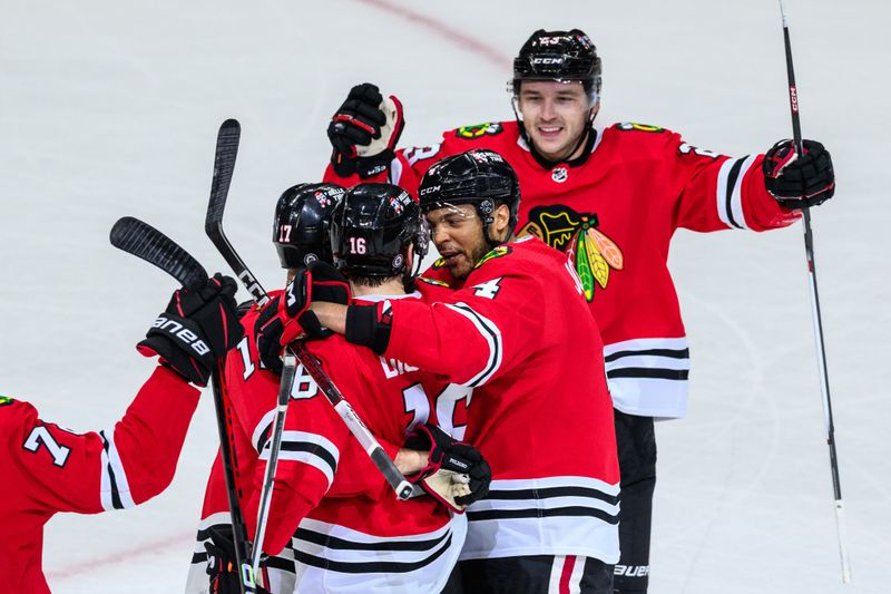 Feb 9, 2024; Chicago, Illinois, USA; Chicago Blackhawks center Jason Dickinson (16) celebrates his goal with teammates against the New York Rangers during the third period at the United Center. Mandatory Credit: Daniel Bartel-USA TODAY Sports