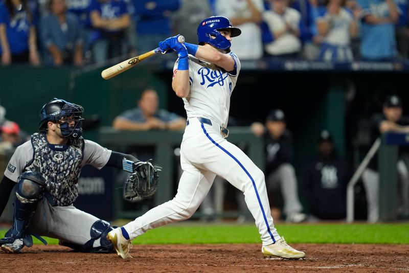 Oct 9, 2024; Kansas City, Missouri, USA; Kansas City Royals second base Michael Massey (19) hits an RBI-triiple in the fifth inning against the New York Yankees  during game three of the NLDS for the 2024 MLB Playoffs at Kauffman Stadium. Mandatory Credit: Jay Biggerstaff -Imagn Images
