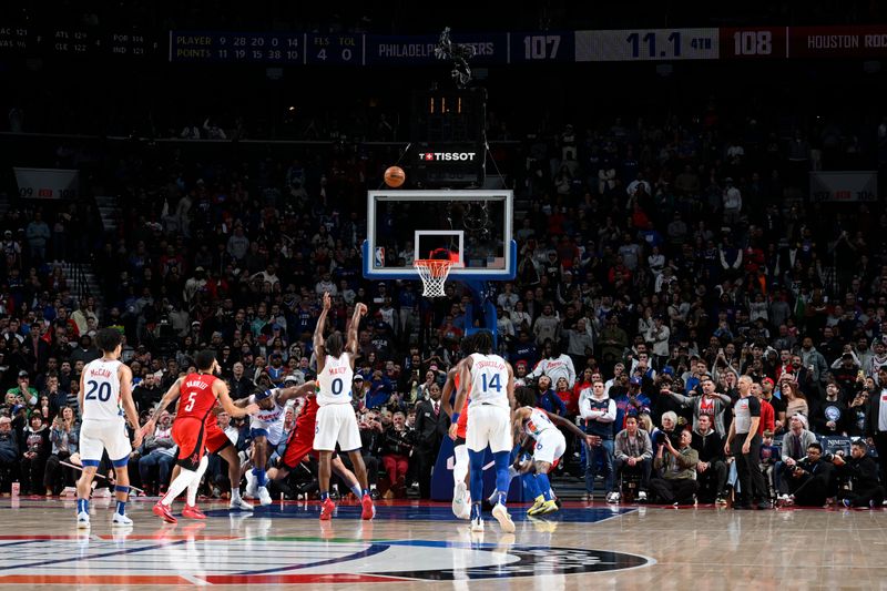 PHILADELPHIA, PA - NOVEMBER 27: Tyrese Maxey #0 of the Philadelphia 76ers shoots a free throw during the game against the Houston Rockets on November 27, 2024 at the Wells Fargo Center in Philadelphia, Pennsylvania NOTE TO USER: User expressly acknowledges and agrees that, by downloading and/or using this Photograph, user is consenting to the terms and conditions of the Getty Images License Agreement. Mandatory Copyright Notice: Copyright 2024 NBAE (Photo by David Dow/NBAE via Getty Images)